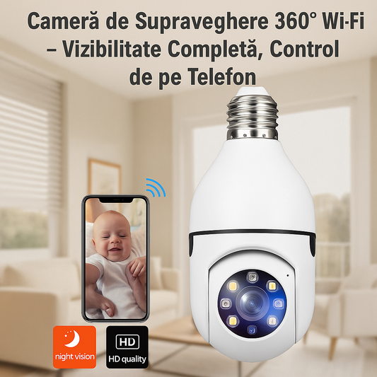Cameră de Supraveghere 360° Wi-Fi – Vizibilitate Completă, Control de pe Telefon